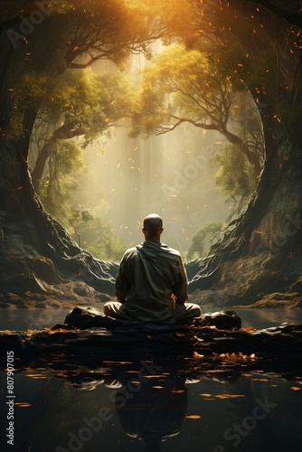 surreal illustration - a man sitting in a meditative pose beneath an ancient tree