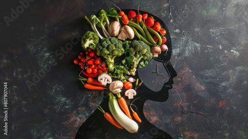 a woman's silhouette with a variety of vegetables like broccoli, carrots, and mushrooms arranged in the form of a brain, illustrating the concept of 'food for thought' and its impact on mental health.
