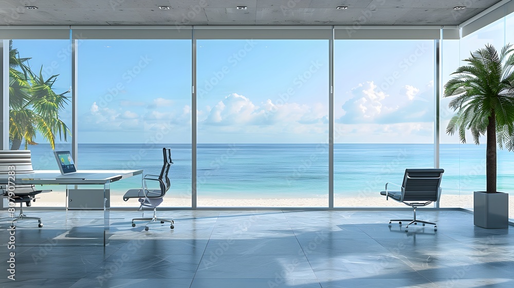 Fototapeta premium Beautiful interior of modern beach house with open office area, white wooden floorboards, large windows overlooking the sea