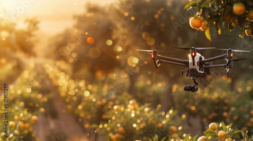 high-tech drones equipped with multispectral cameras flying over orchards, capturing detailed images of fruit trees to assess crop yields and identify areas of pest infestation or disease, showcasing 