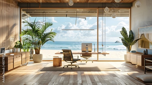 Beautiful interior of modern beach house with open office area, white wooden floorboards, large windows overlooking the sea