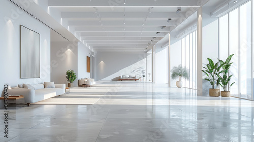 Sleek  empty showroom with minimalist furniture and high ceilings in 3D render.