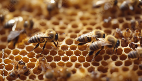 hundred of bees producing honey on honeycombs  © abu