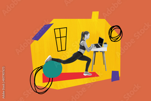 Composite photo collage of pretty sportswoman do lunges ball sport equipment home marathon macbook video isolated on painted background