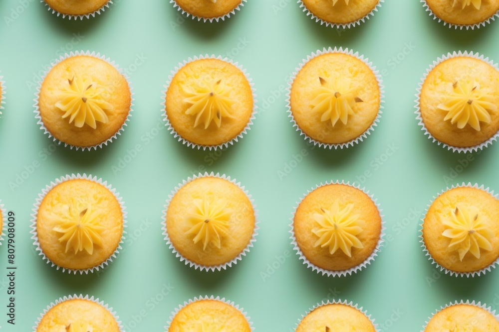 Fresh Baked Lemon Cupcakes on Pastel Mint Background Fresh Baked Lemon Cupcakes on Pastel Mint Background
