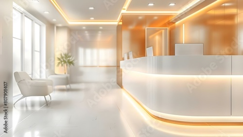 Elegant interior view of a modern white reception area in a building. Concept Modern Interior Design  White Reception Area  Elegant Architecture