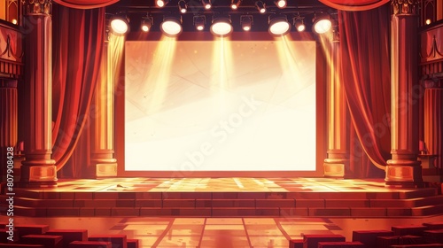 Theater stage, cinema, theatre scene with a blank screen, red curtains, roman columns, and spotlights. Cartoon modern illustration showing a blank screen and light illumination. photo