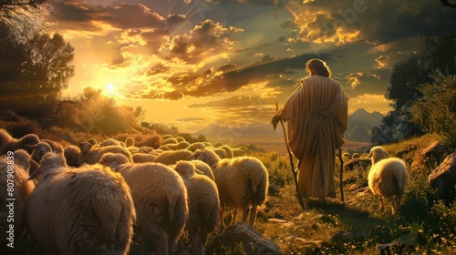 A painting of Jesus Christ as the Good Shepherd, with a flock of sheep following him. © Sittipol 