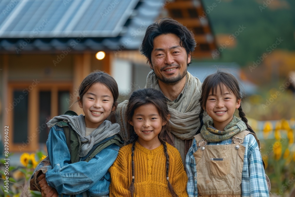 Japanese parents and children are spending time together happily and taking a photo in a standing pose during the activity with their joyful smiles. Japanese parents and children are spending time together happily and taking a photo in a standing pose during the activity with their joyful smiles.