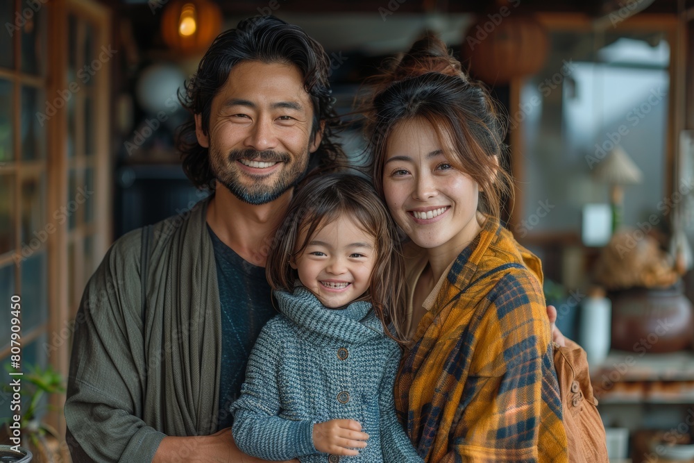 Japanese parents and children are spending time together happily and taking a photo in a standing pose during the activity with their joyful smiles.