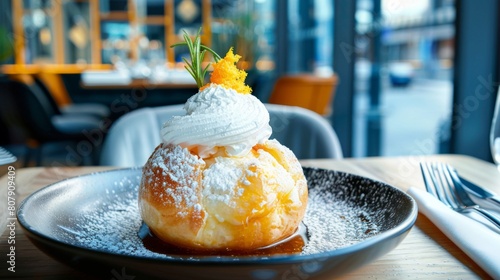 A plate showcasing a lavish French dessert, the Baba au Rhum, elegantly presented photo