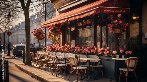 A Parisian creperie in the spring, where a chef prepares delicate crepes filled with Nutella and strawberries for customers seated at outdoor bistro tables. photo