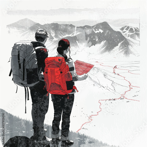  Hikers Looking at Map in Mountains: Illustration of two hikers with backpacks looking at a map against a backdrop of snowy mountains.

