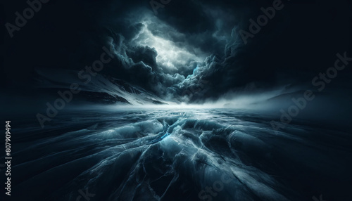 A dramatic scene featuring a dark, brooding sky over an icy landscape. Below, a dense, swirling mist hovers over the cracked, icy ground