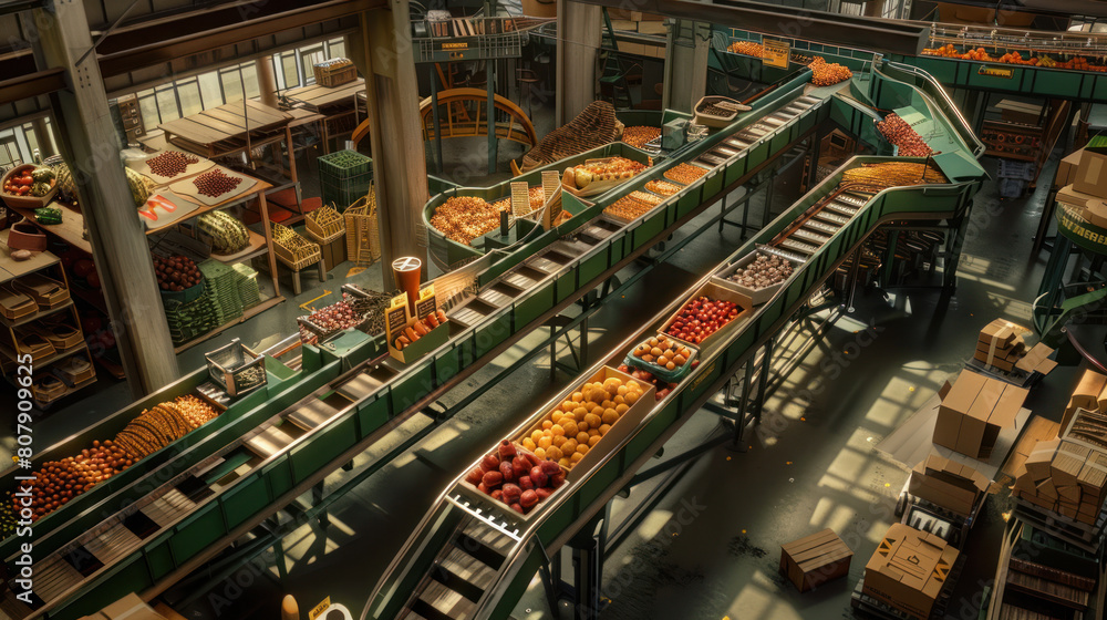 a bustling food processing plant, with conveyor belts transporting fruits, vegetables, and meats for sorting, packaging, and distribution, illustrating the journey from farm to table.