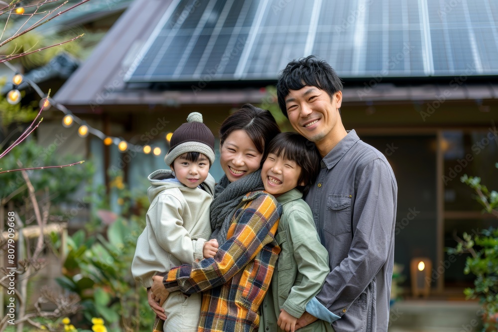 Japanese parents and children are spending time together happily and taking a photo in a standing pose during the activity with their joyful smiles.