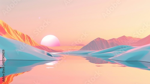 beautiful landscape with a lake, mountains, and a sunset. The colors are pink, blue, and orange. The image is very peaceful and relaxing.