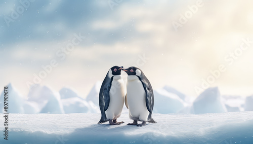 Two penguins standing next to each other on a snowy surface