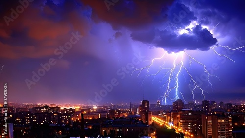 Urban night photography capturing lightning strikes in stormy weather due to climate change. Concept Urban Night Photography, Lightning Strikes, Stormy Weather, Climate Change Awareness