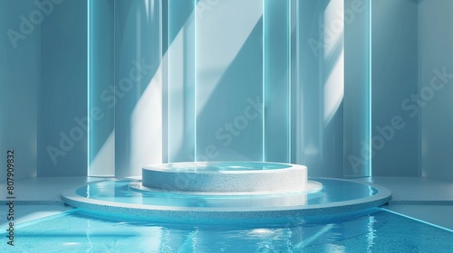 3D rendering of a blue and white podium with a blue background photo