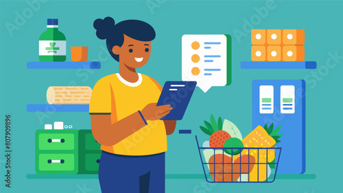 An illustration of a student at the grocery store using a budgeting app to scan and track their purchases in realtime making sure they stay within. Vector illustration