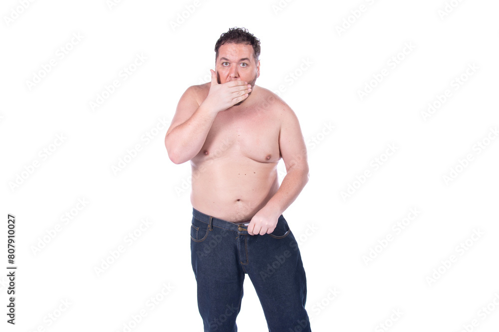Men's health and erection problems. Fat man posing on a white background. Men's health and erection problems. Fat man posing on a white background.
