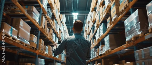 A warehouse inventory manager is using a tablet computer to check shelf stock. Storage shelves are stacked with cardboard boxes filled with ready-to-ship products.