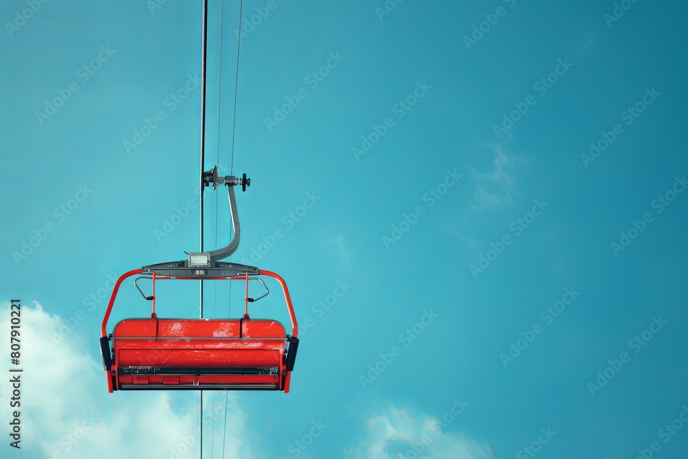 A red cable car ascends into the sky against a backdrop of clear blue skies. Generative AI A red cable car ascends into the sky against a backdrop of clear blue skies. Generative AI