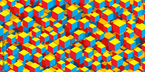 Abstract flying 3d cubes seamless pattern in retro style. Vintage red, yellow and blue vector bg. Futuristic optical illusion