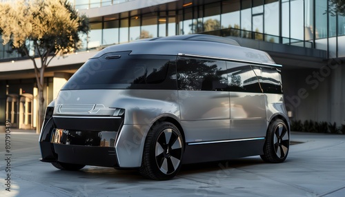 autonomous futuristic ev van  silver and black with large windows