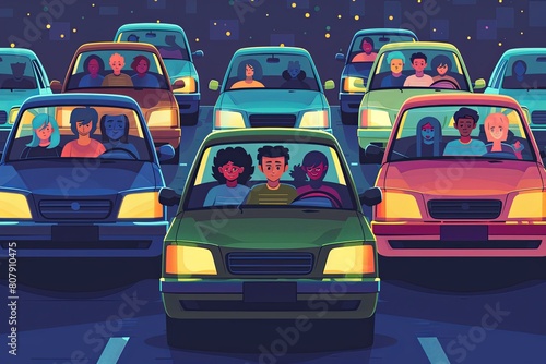 A group of individuals seated in the rear section of a car, traveling together. Generative AI