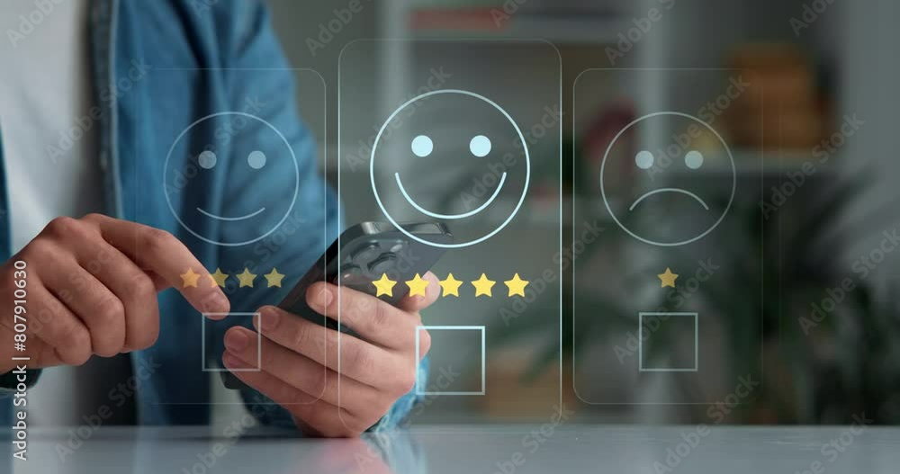 Close-up of hands and smartphone, evaluation of the quality of service,store,service,services in network and social networks. Rating assessment and customer service satisfaction. Feedback rating app
