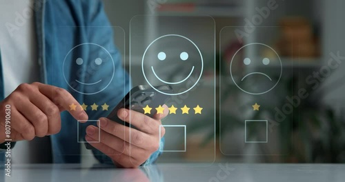 Close-up of hands and smartphone, evaluation of the quality of service,store,service,services in network and social networks. Rating assessment and customer service satisfaction. Feedback rating app