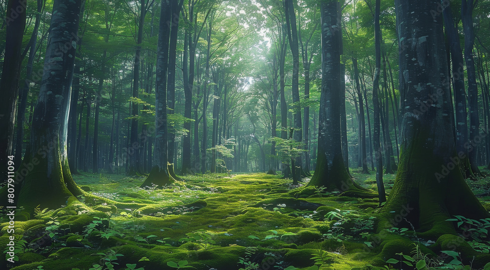 Obraz premium Towering trees and mossy undergrowth. Generative AI.