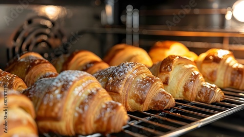 Baker's close-up macro shot of golden croissants baking in the oven. Concept Food Photography, Baking Close-ups, Macro Shots, Artisan Breads, Oven Baking