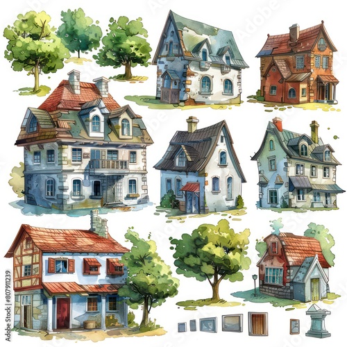 medieval buildings in the watercolor on white background