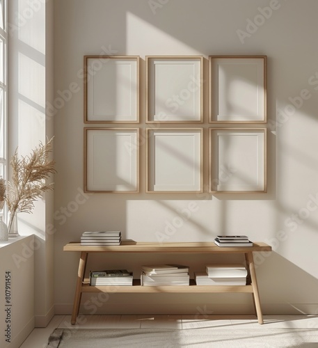 6 simple wooden frames hanging on the wall in an empty room, with light beige walls