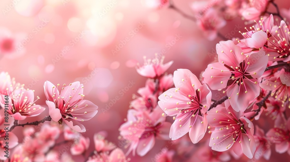 illustration of cherry blossoms in pink and white hues, with a single pink flower in the foreground