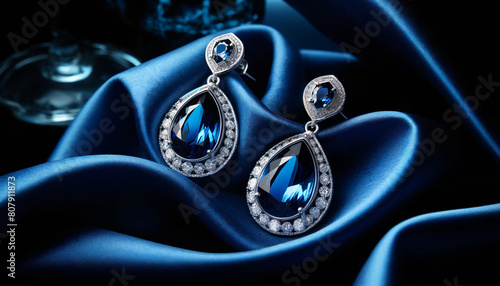 A pair of elegant drop earrings. Each earring is adorned with a large, teardrop-shaped blue sapphire photo