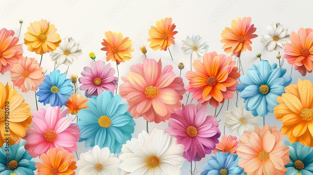 illustration of chrysanthemum flowers in various shades of pink, blue, orange, and white, arranged in a row from left to right