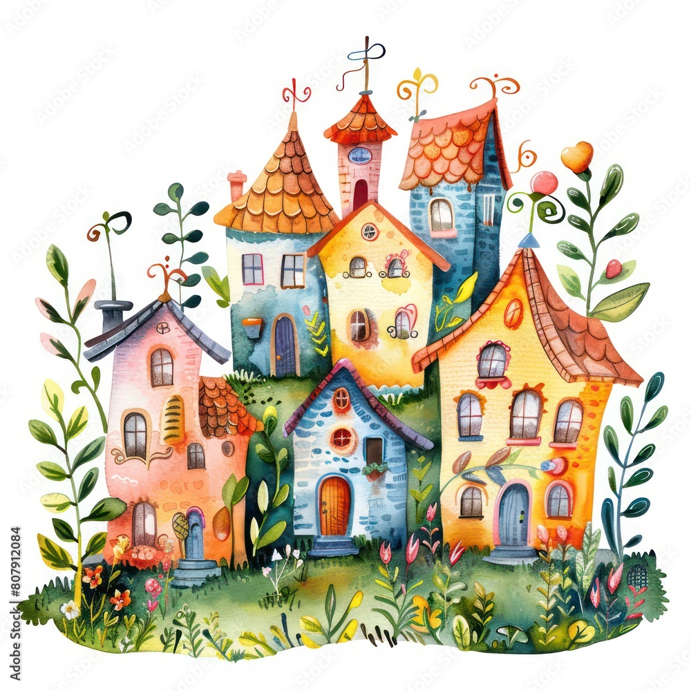 houses, greenery, climbing vines, colorful watercolor storybook illustration on white background