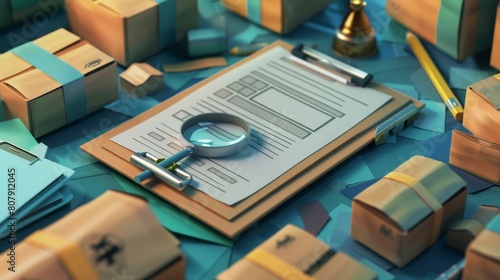 The image depicts cardboard boxes, a clipboard with a pen, magnifier, bell, pin, and magnifier, an illustration showing a parcel and cargo delivery service. It is a digital concept of a warehouse