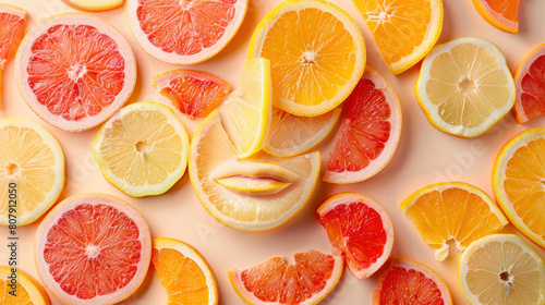 a conceptual photo of a skin outline adorned with slices of mango, papaya, and guava, representing the skin-brightening and rejuvenating effects of tropical fruits.