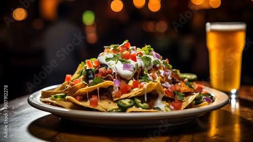 A plate of nachos loaded with jalape?+/-os, black beans, melted cheddar cheese, sour cream, guacamole, and pico de gallo