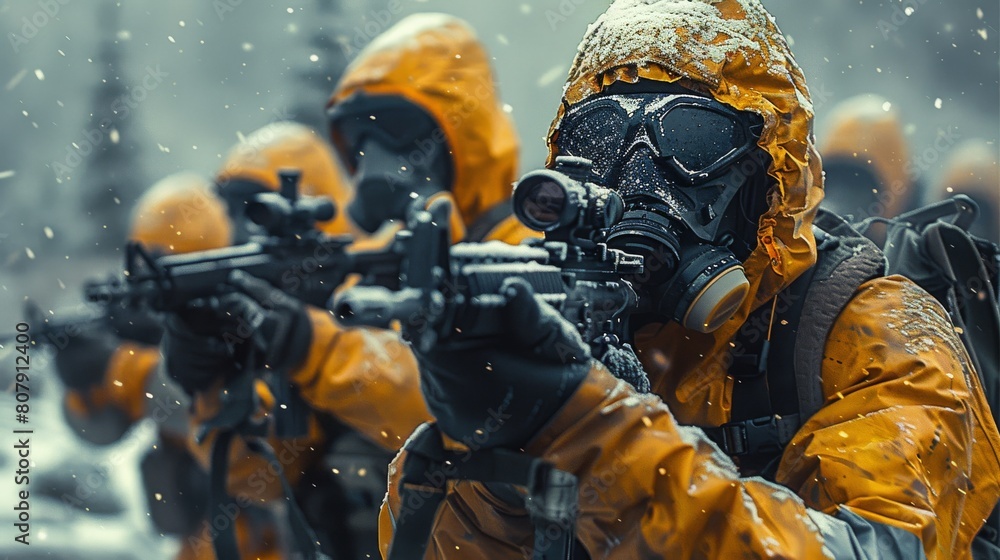 Soldiers dressed in yellow hazmat suits carrying assault rifles It is snowing. Generative AI.