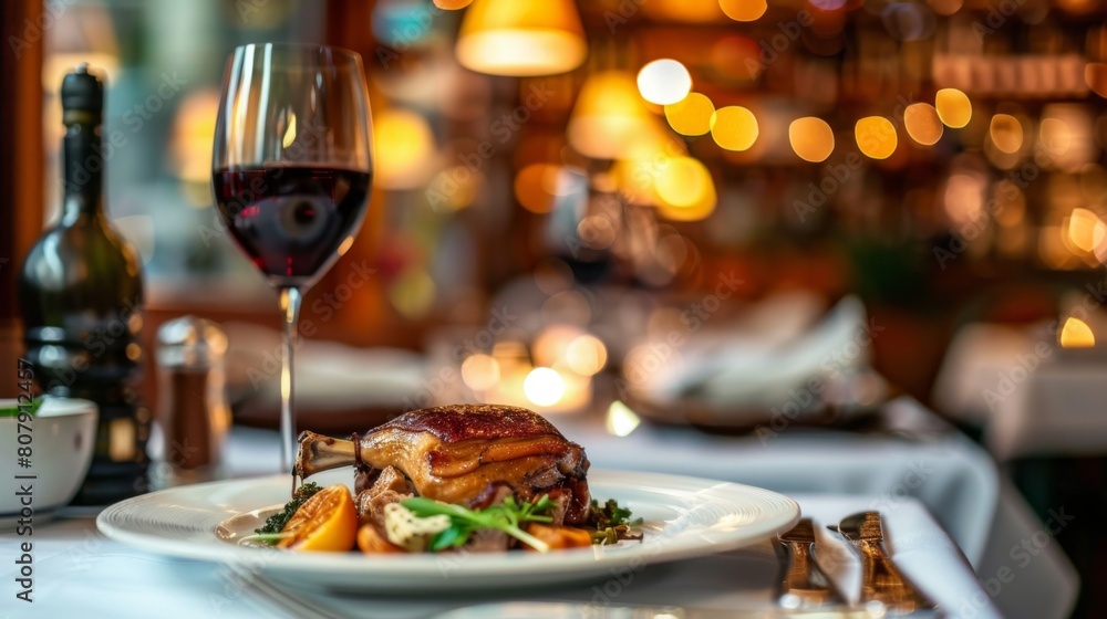French Duck Confit meets a glass of fine wine on a rustic table French Duck Confit meets a glass of fine wine on a rustic table