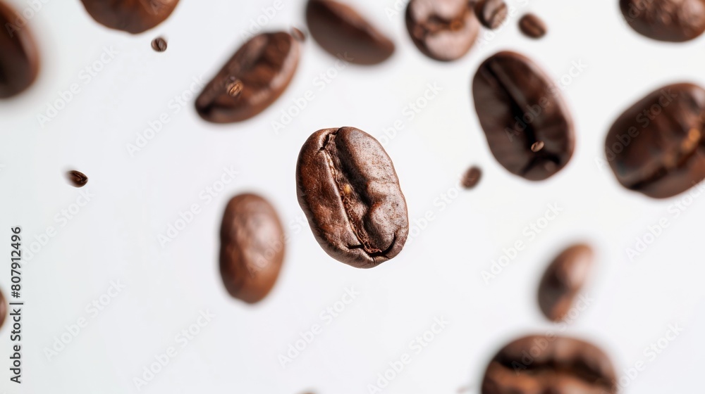 Obraz premium Close-up of scattered, roasted brown coffee beans on a white background