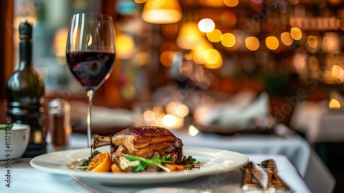 French Duck Confit meets a glass of fine wine on a rustic table