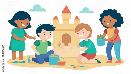 A group of children of various abilities working together to build a sandcastle in the sensory play area.. Vector illustration