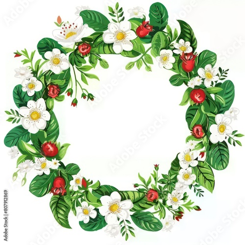 wreath green leaves and white flowers  white background